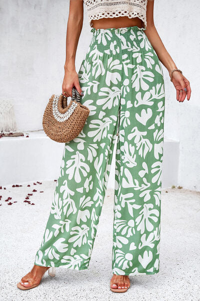 Devine Smocked Printed Wide Leg Pants with Pockets - Heritage Couture  