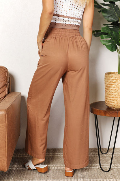 Double Take Drawstring Smocked Waist Wide Leg Pants - Heritage Couture  