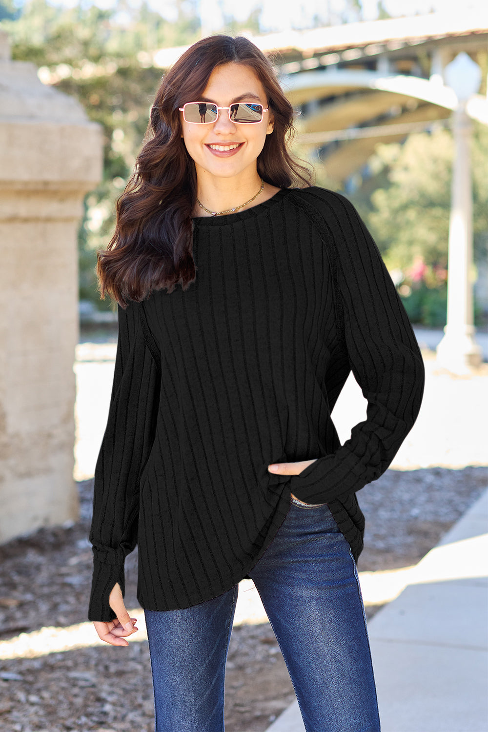 Basic Bae Full Size Ribbed Round Neck Long Sleeve Knit Top - Heritage Couture  