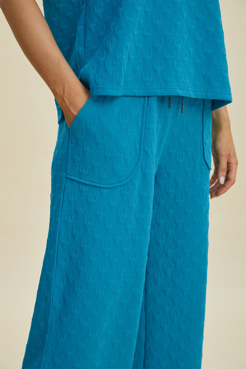 Double Take Full Size Texture Drawstring Short Sleeve Hoodie and Pocketed Pants Set - Heritage Couture  