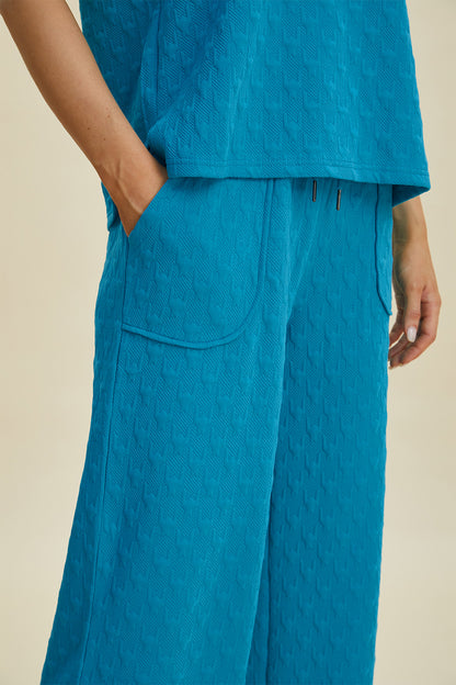 Double Take Full Size Texture Drawstring Short Sleeve Hoodie and Pocketed Pants Set - Heritage Couture  