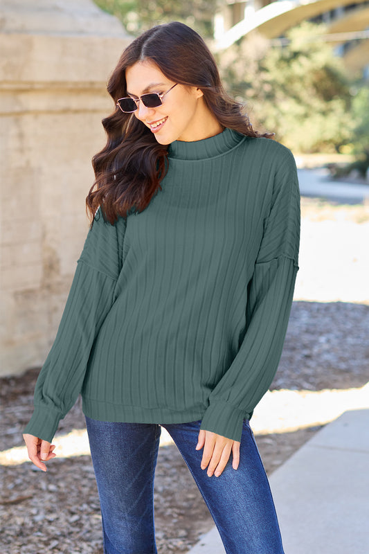 Basic Bae Full Size Ribbed Exposed Seam Mock Neck Knit Top - Heritage Couture  