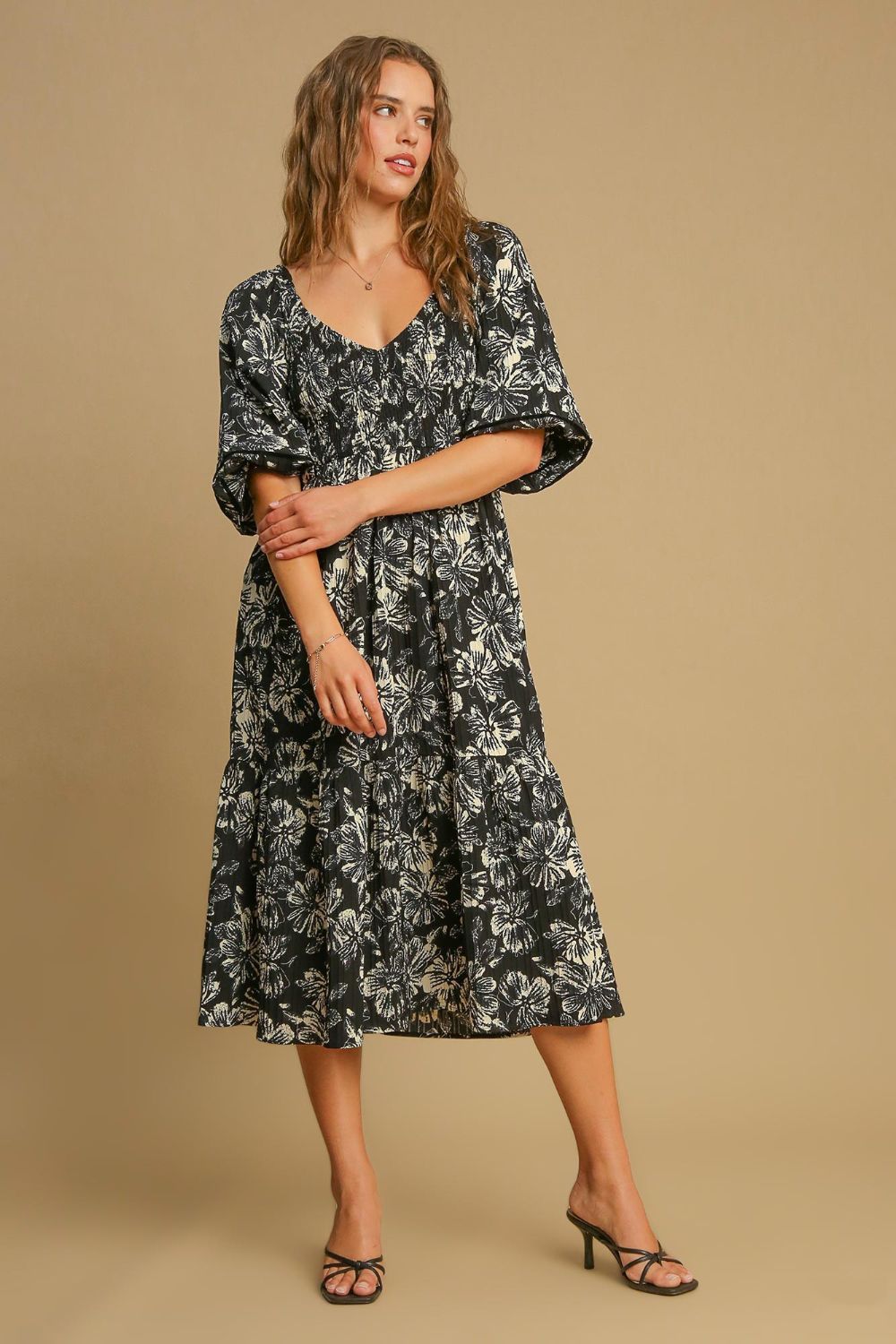 Umgee Ruffle Hem Flower Printed V-Neck Dress - Heritage Couture  