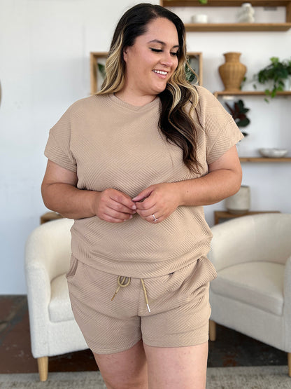Double Take Full Size Texture Short Sleeve T-Shirt and Drawstring Shorts Set - Heritage Couture  