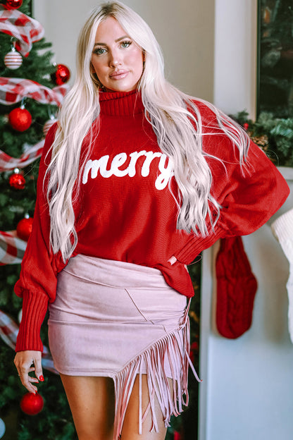 Double Take Full Size Merry Christmas Turtleneck Long Sleeve Sweater - Heritage Couture  