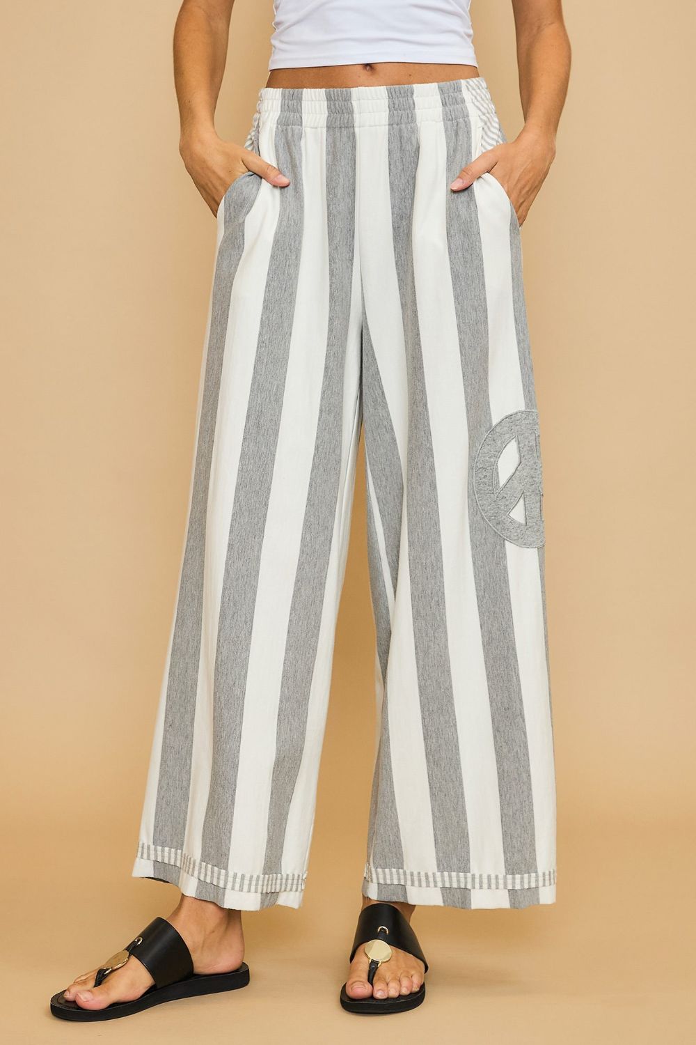 Umgee Peace Sign Patch Striped Wide Leg Pants - Heritage Couture  
