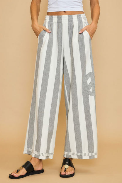 Umgee Peace Sign Patch Striped Wide Leg Pants - Heritage Couture  