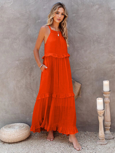 Ruffled Sleeveless Tiered Maxi Dress with Pockets - Heritage Couture  