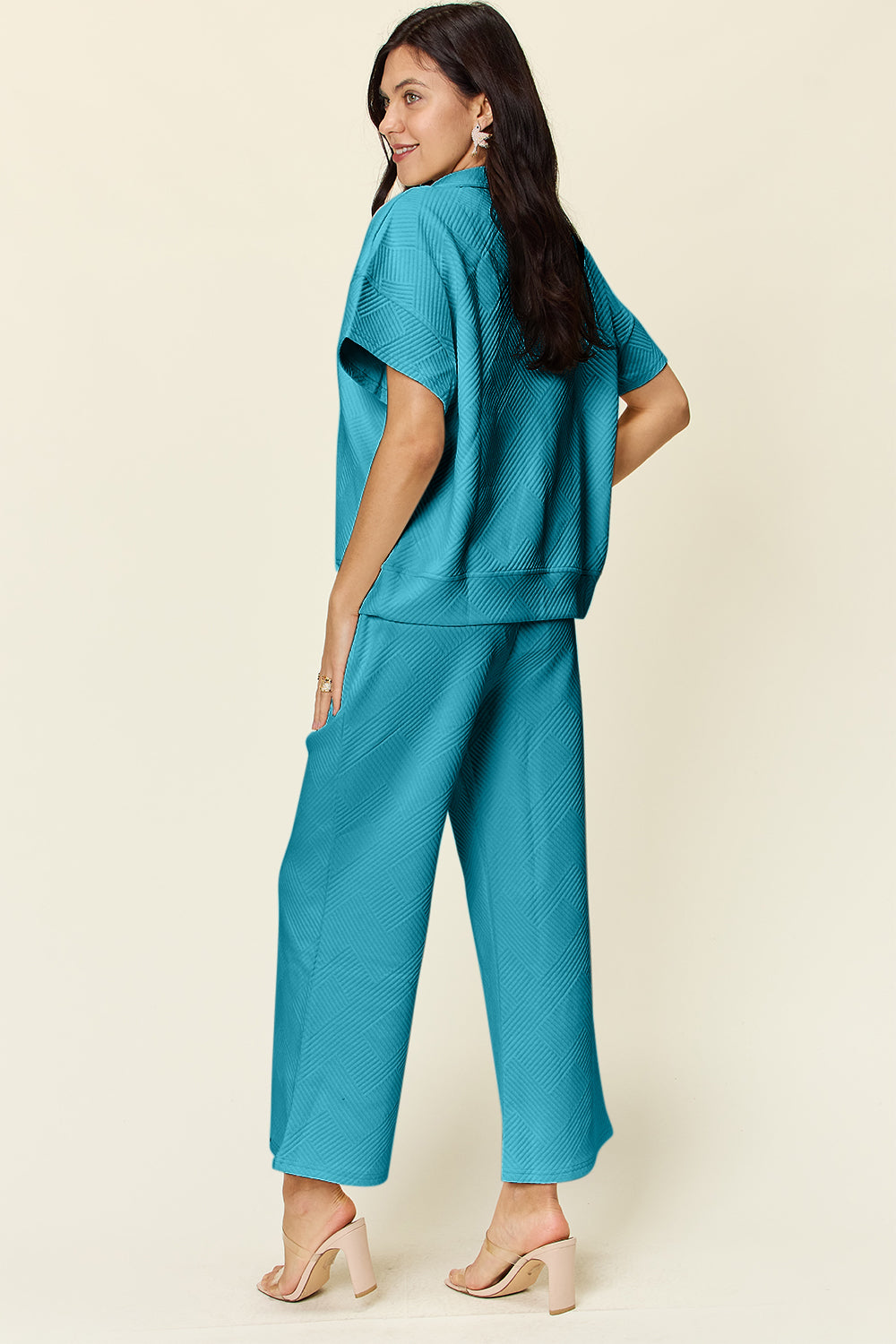 Double Take Full Size Texture Half Zip Short Sleeve Top and Pants Set - Heritage Couture  
