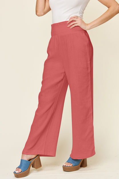 Double Take Full Size Texture Smocked Waist Wide Leg Pants - Heritage Couture  