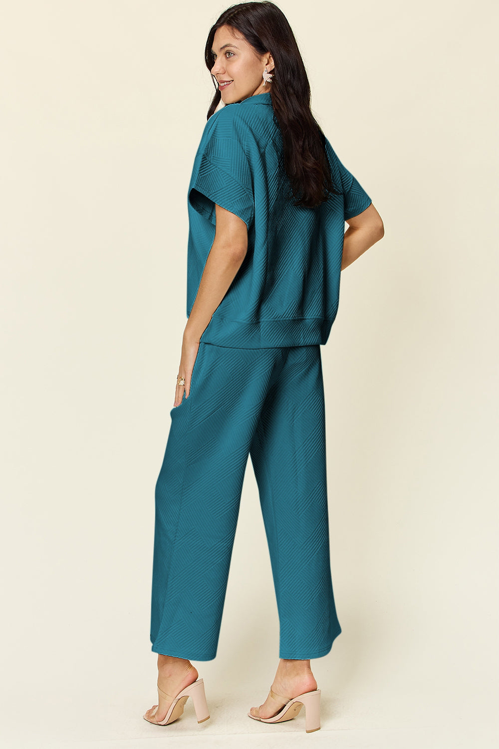 Double Take Full Size Texture Half Zip Short Sleeve Top and Pants Set - Heritage Couture  