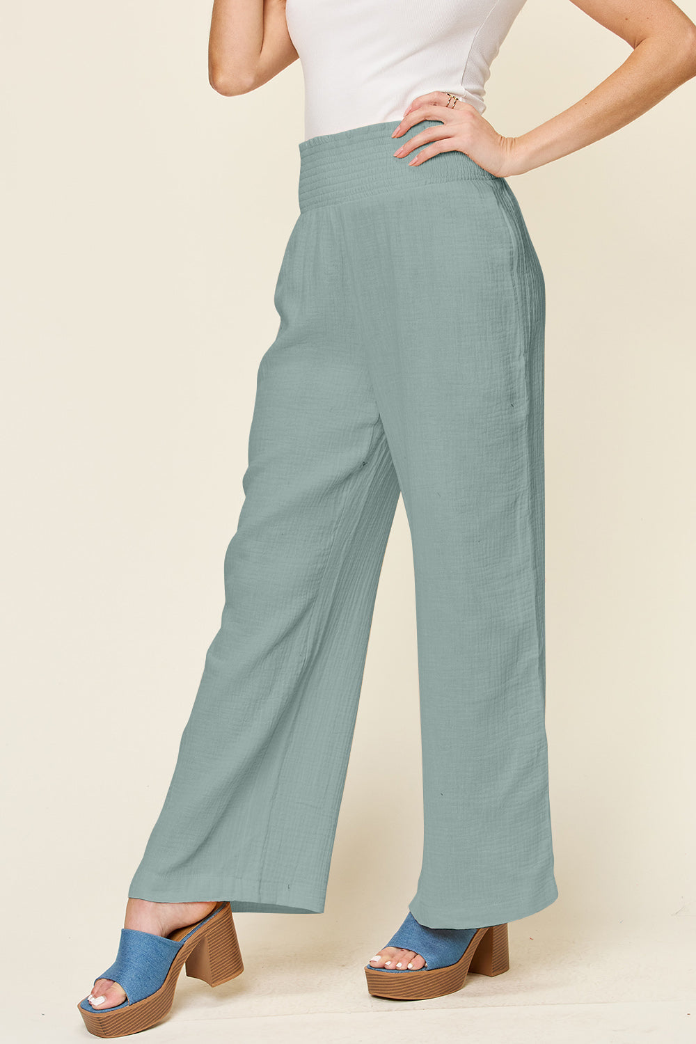 Double Take Full Size Texture Smocked Waist Wide Leg Pants - Heritage Couture  