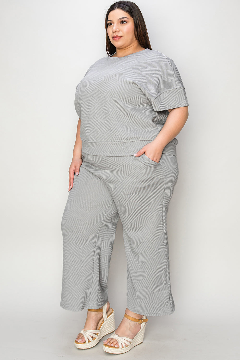 Double Take Full Size Texture Short Sleeve Top and Pants Set - Heritage Couture  