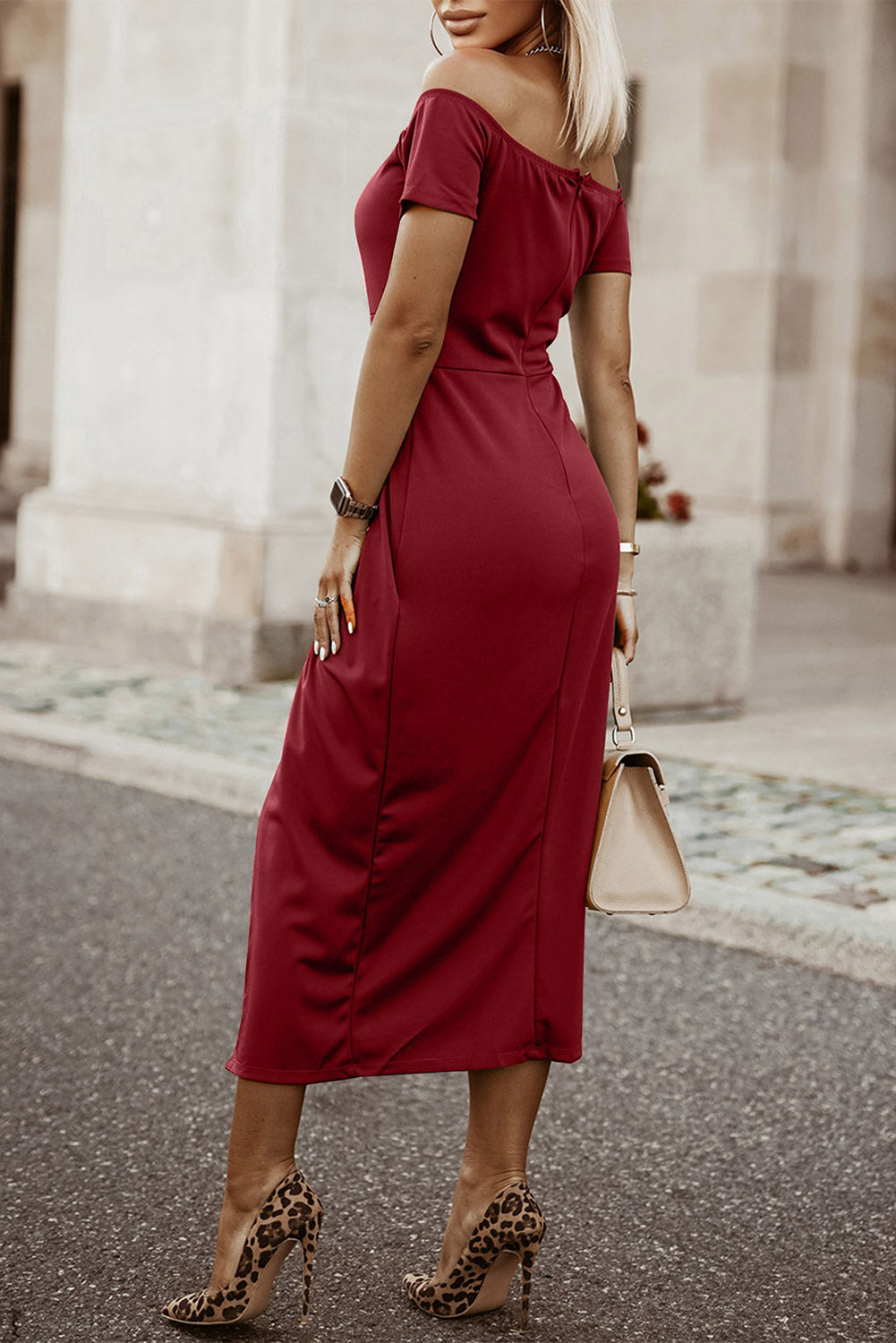 Off-Shoulder Short Sleeve Split Dress - Heritage Couture  