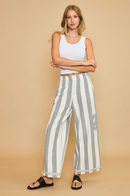 Umgee Peace Sign Patch Striped Wide Leg Pants - Heritage Couture  