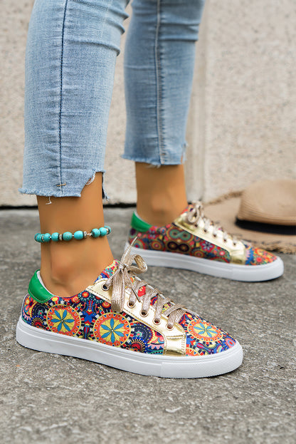 Gold Boho Geometric print Lace Up Sneakers - Heritage Couture  