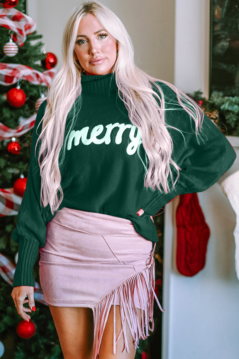 Double Take Full Size Merry Christmas Turtleneck Long Sleeve Sweater - Heritage Couture  