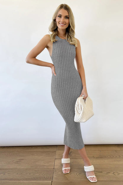 Slit Ribbed Round Neck Sleeveless Dress - Heritage Couture  