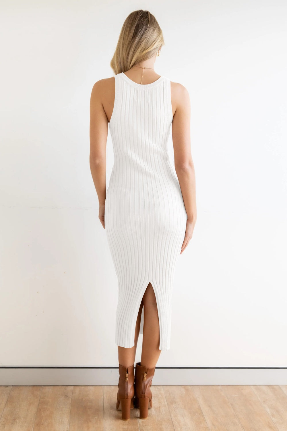 Slit Ribbed Round Neck Sleeveless Dress - Heritage Couture  