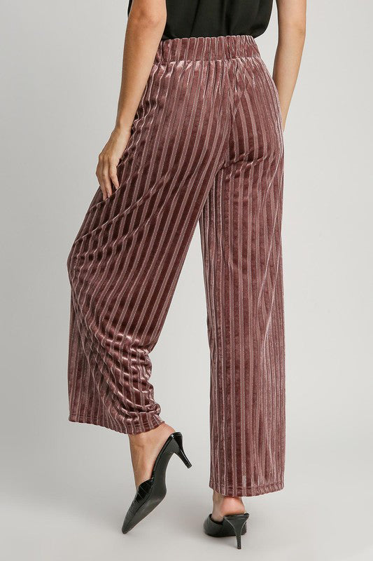 Umgee Full Size Elastic Waist Striped Wide Leg Velvet Pants - Heritage Couture  