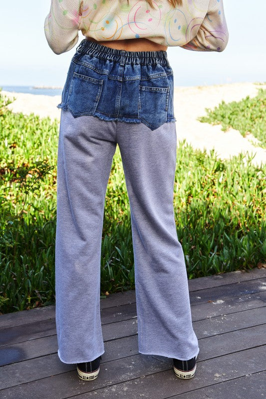 Davi & Dani Raw Hem Denim Patchwork Wide Leg Pants - Heritage Couture  