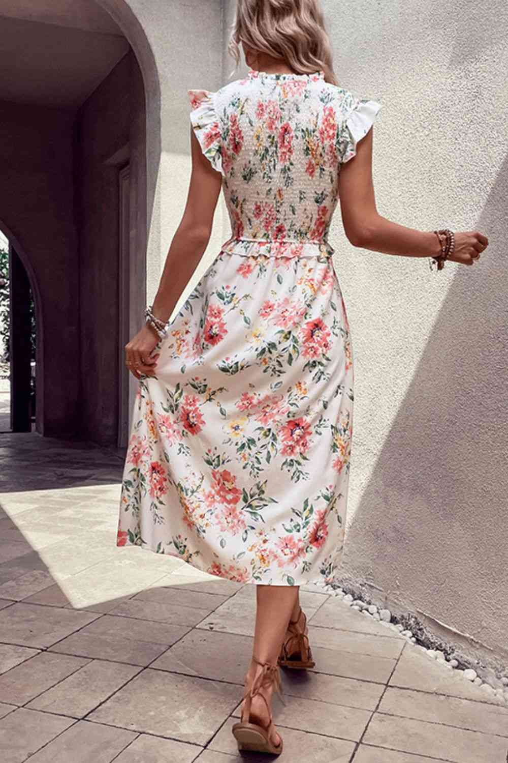 Perfee Floral Smocked Butterfly Sleeve Slit Dress - Heritage Couture  