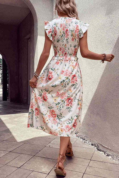 Perfee Floral Smocked Butterfly Sleeve Slit Dress - Heritage Couture  