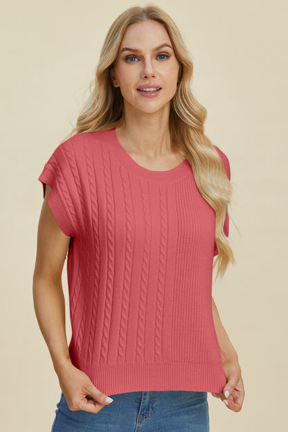 Double Take Full Size Cable-Knit Round Neck Short Sleeve Sweater - Heritage Couture  