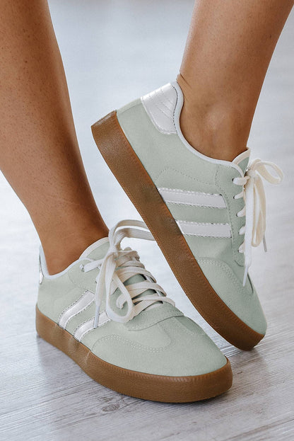 White Striped Lace Up Flat Sneakers - Heritage Couture  