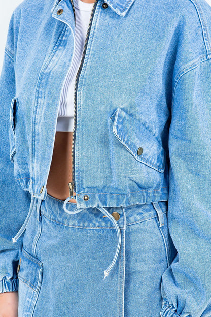American Bazi Drawstring Waist Crop Denim Jacket - Heritage Couture  