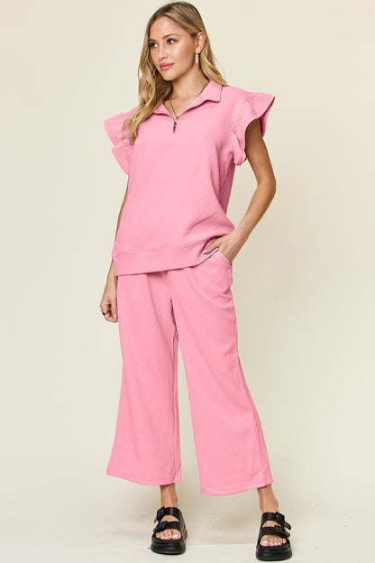 Double Take Texture Ruffle Short Sleeve Top and Drawstring Wide Leg Pants Set - Heritage Couture  