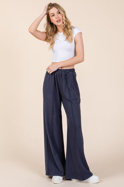 BOMBOM Elastic Waist Wide Leg Pants with Pockets - Heritage Couture  