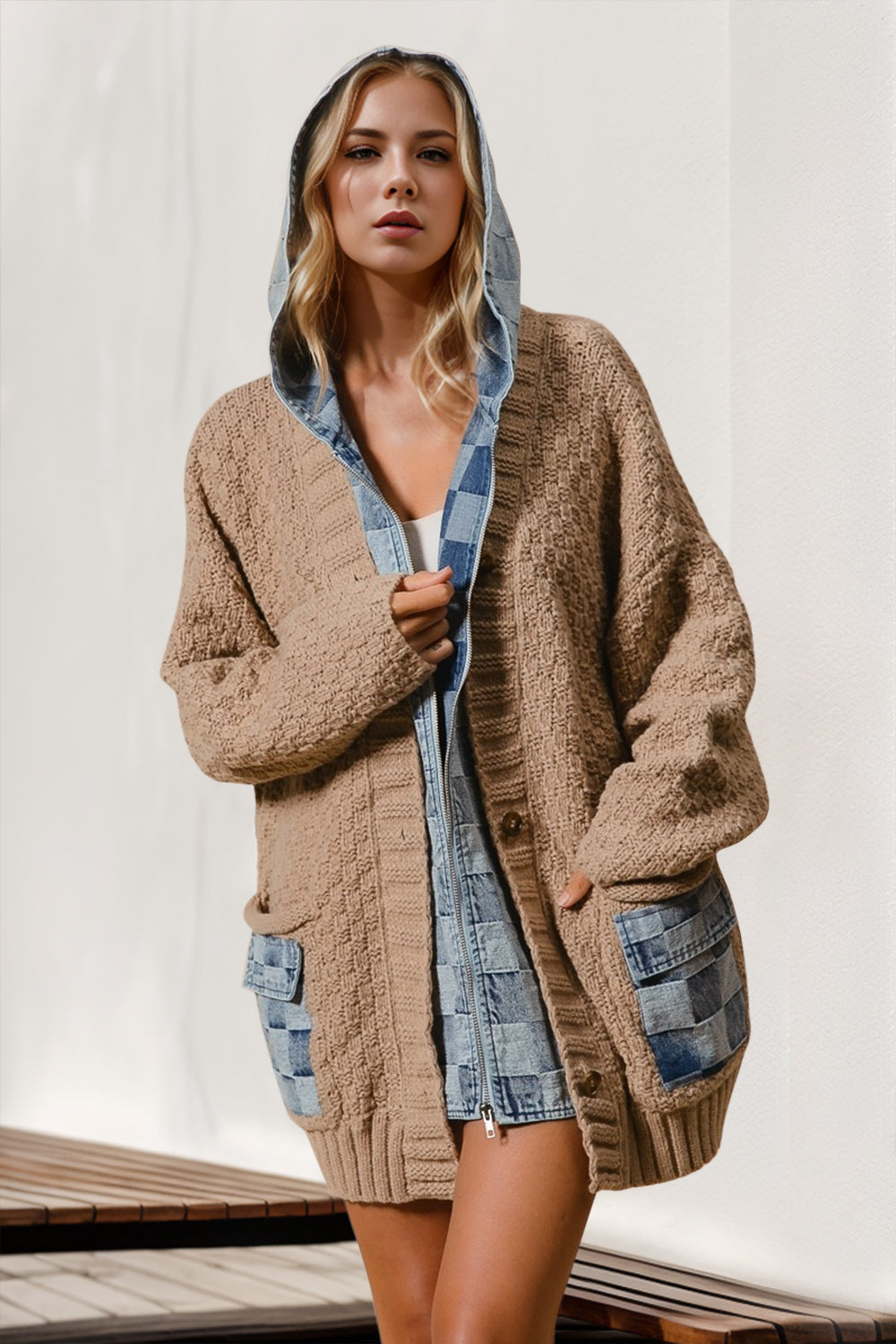 Double Take Full Size Hooded Denim Spliced Sweater Cardigan - Heritage Couture  