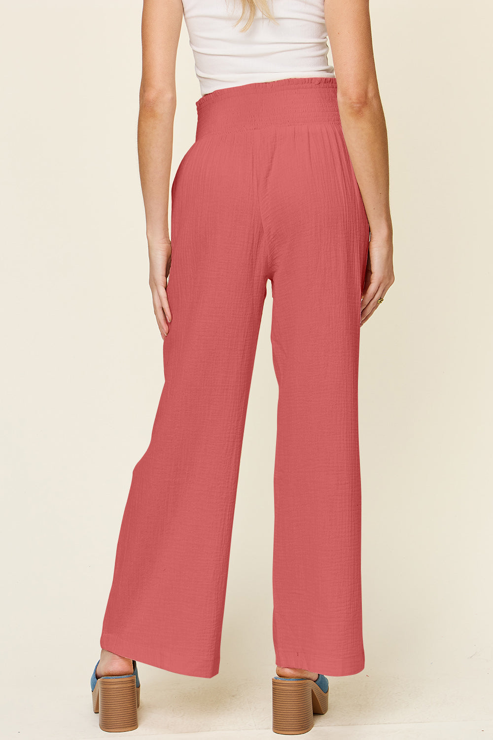 Double Take Full Size Texture Smocked Waist Wide Leg Pants - Heritage Couture  