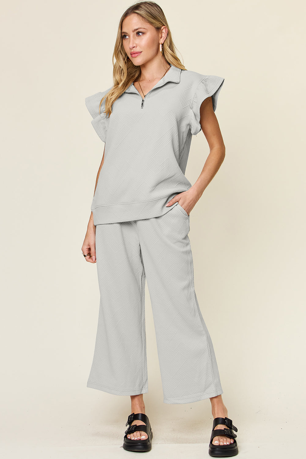 Double Take Texture Ruffle Short Sleeve Top and Drawstring Wide Leg Pants Set - Heritage Couture  
