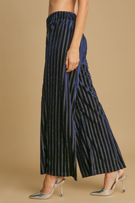 Umgee Full Size Elastic Waist Striped Wide Leg Velvet Pants - Heritage Couture  