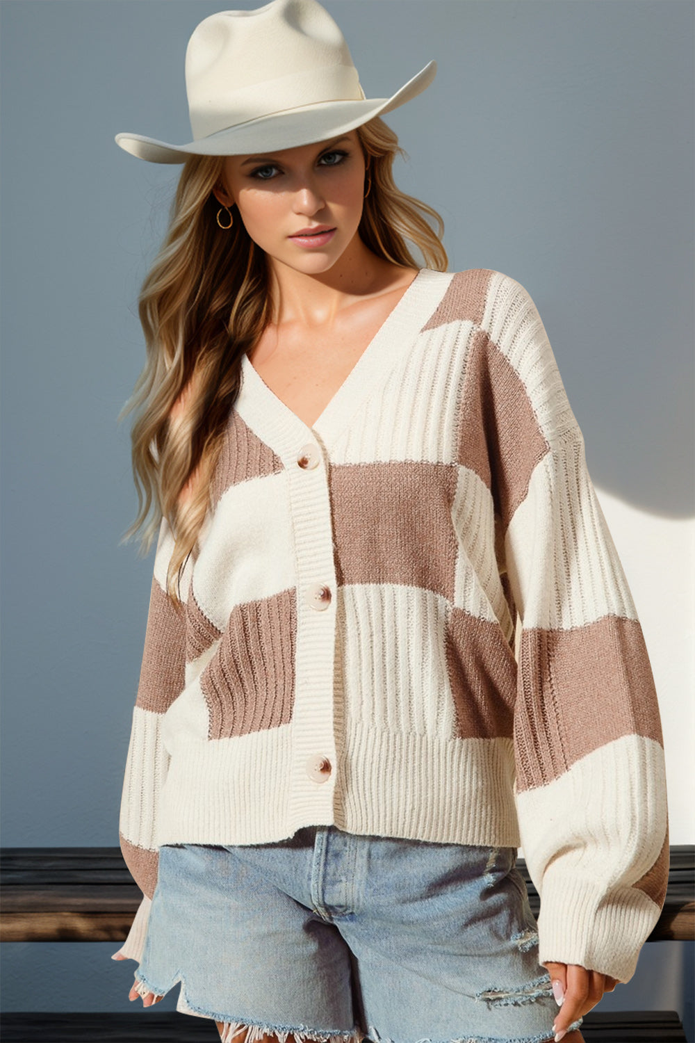 Double Take Full Size Checkered Dropped Shoulder Cardigan - Heritage Couture  
