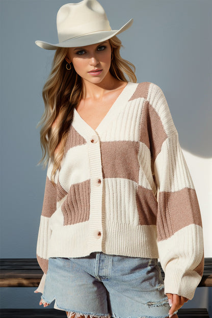 Double Take Full Size Checkered Dropped Shoulder Cardigan - Heritage Couture  