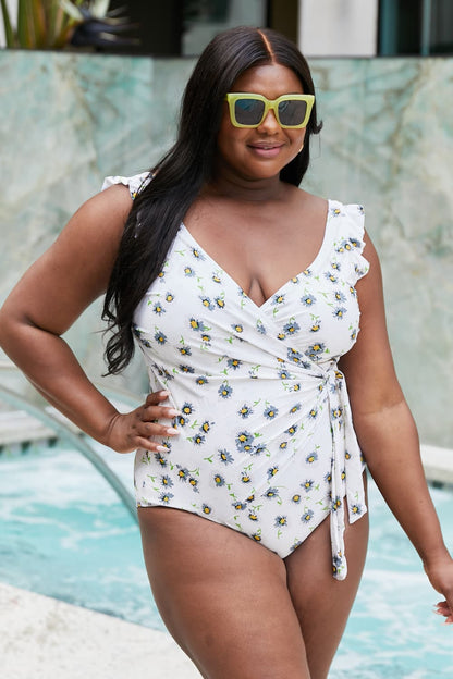 Marina West Swim Float On Ruffle Faux Wrap One-Piece in Daisy Cream - Heritage Couture  
