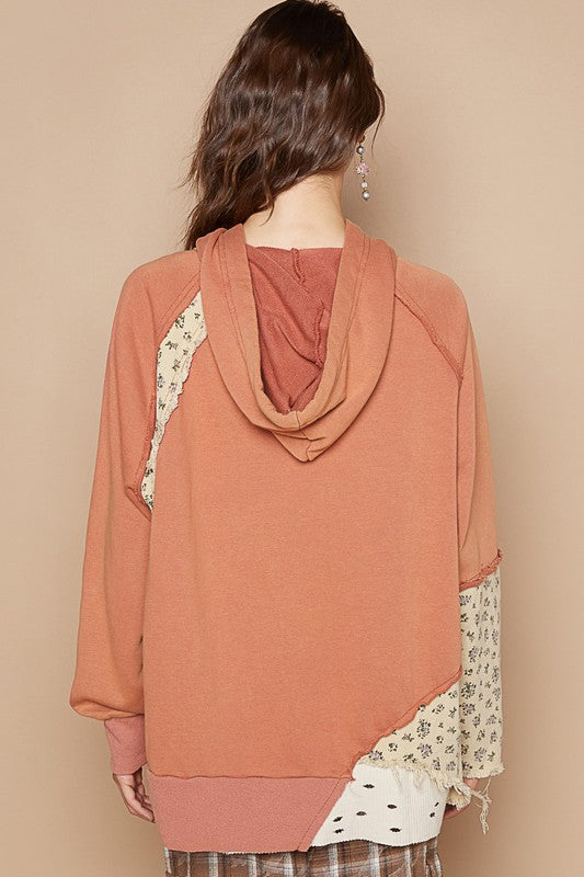 POL Floral Patchwork Distressed Drawstring Hoodie - Heritage Couture  