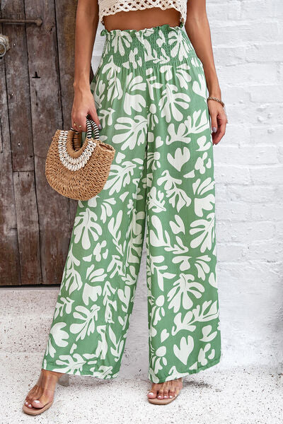 Devine Smocked Printed Wide Leg Pants with Pockets - Heritage Couture  