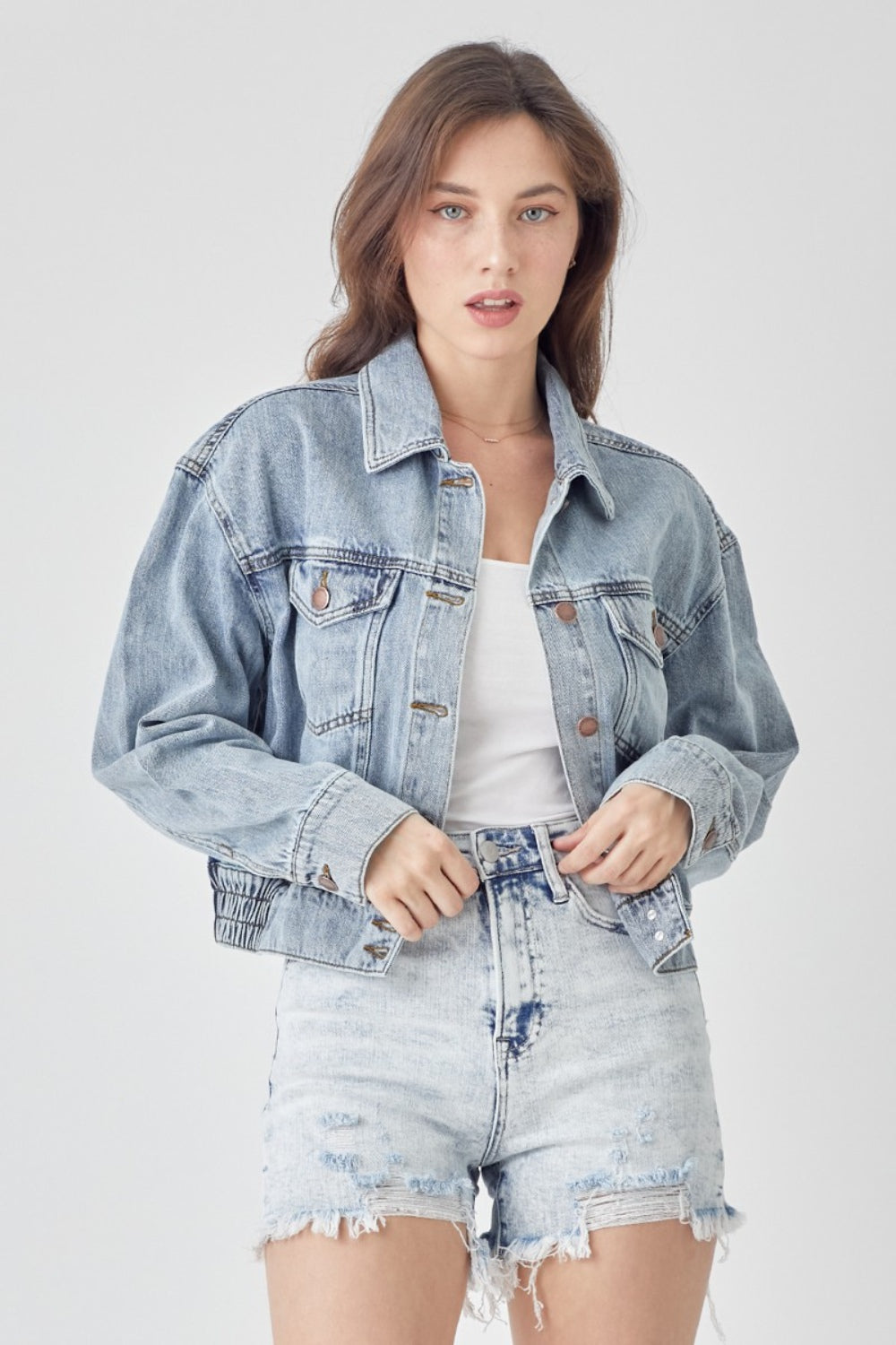 RISEN Full Size Button Down Cropped Denim Jacket - Heritage Couture  