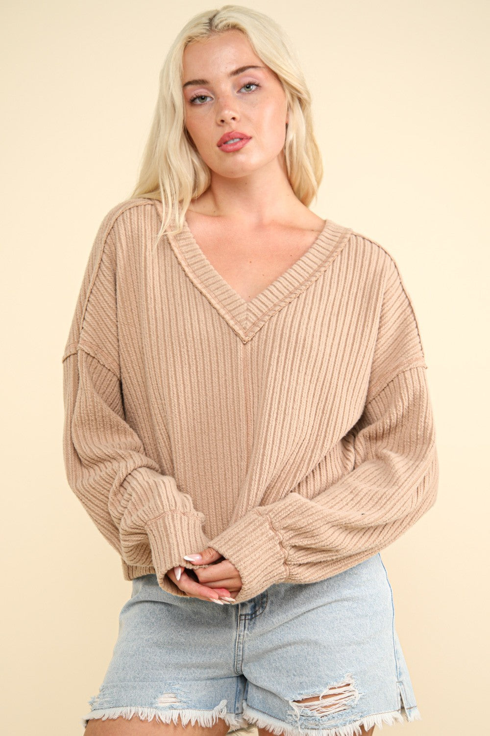 VERY J Exposed Seam V-Neck Ribbed Knit Top - Heritage Couture  
