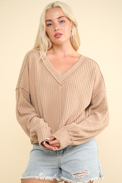 VERY J Exposed Seam V-Neck Ribbed Knit Top - Heritage Couture  