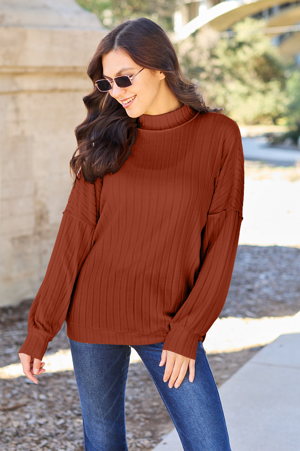 Basic Bae Full Size Ribbed Exposed Seam Mock Neck Knit Top - Heritage Couture  