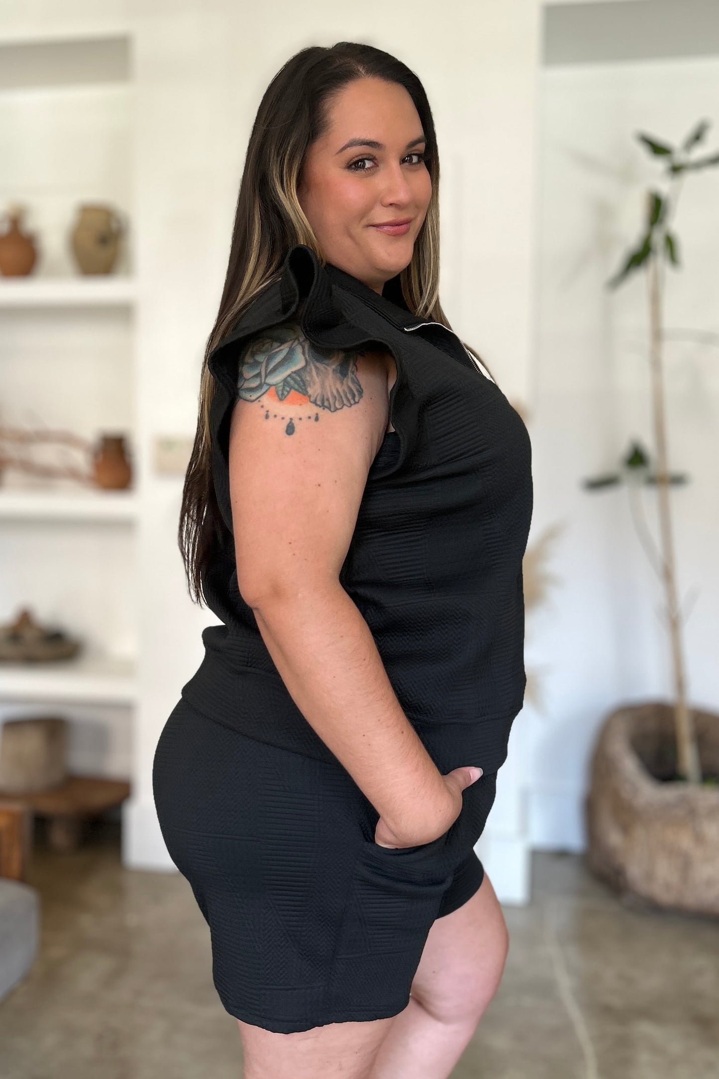 Double Take Full Size Texture Flounce Sleeve Top and Shorts Set - Heritage Couture  