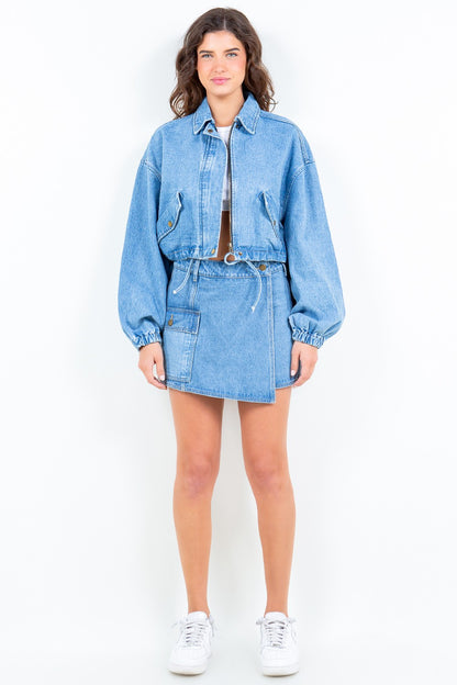 American Bazi Drawstring Waist Crop Denim Jacket - Heritage Couture  