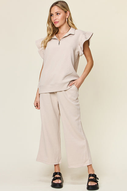Double Take Texture Ruffle Short Sleeve Top and Drawstring Wide Leg Pants Set - Heritage Couture  