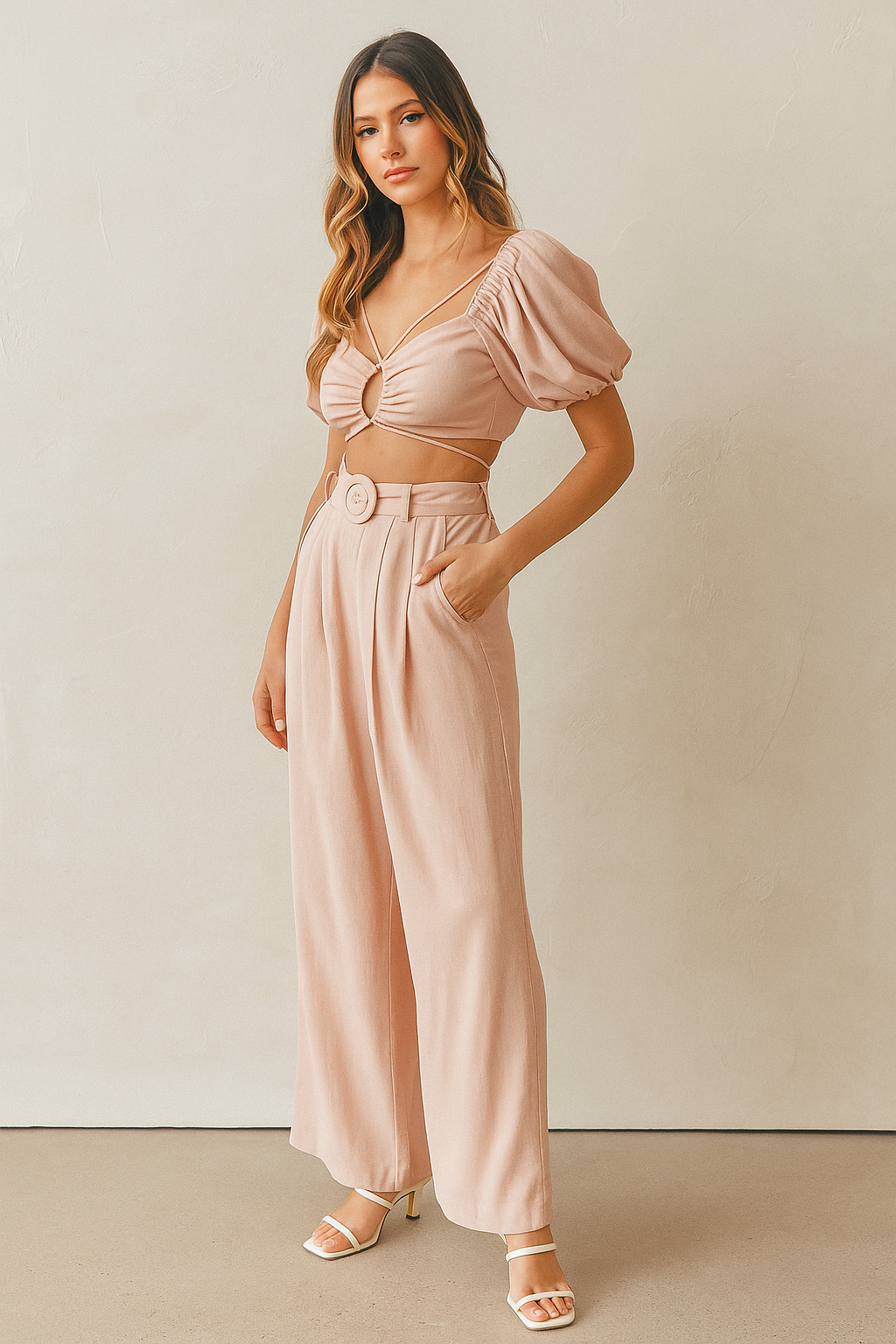 MABLE Cut Out Drawstring Crop Top and Belted Pants Set