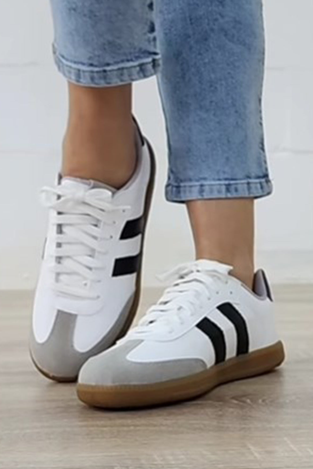 White Striped Lace Up Flat Sneakers - Heritage Couture  